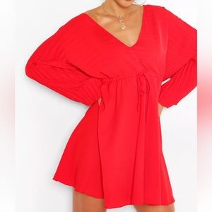 BATWING PLEATED PLUNGE SKATER DRESS